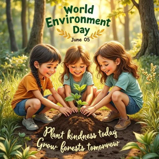 Children planting a sapling in forest for World Environment Day celebration with inspirational eco quote