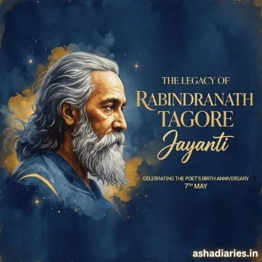Rabindranath Tagore legacy portrait in profile with starry blue background for Jayanti celebration