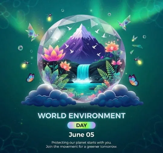 Fantasy style World Environment Day artwork with mountains, waterfall, flowers, and glowing nature theme