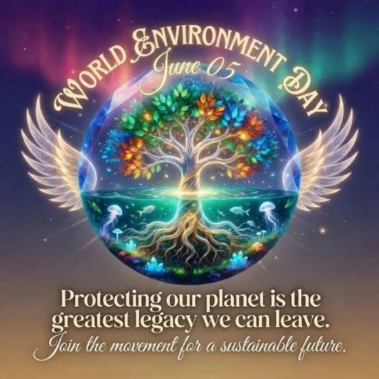 Fantasy World Environment Day artwork with glowing tree, wings and sustainable future theme