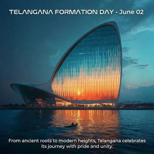 Modern futuristic building waterfront reflection at dusk for Telangana Formation Day