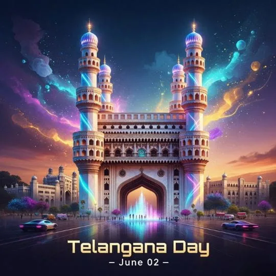 Futuristic Telangana Day artwork with illuminated Charminar monument and vibrant night cityscape