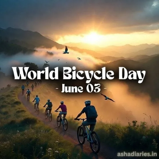 Cyclists riding through misty mountains at sunrise celebrating World Bicycle Day adventure theme