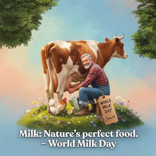 World Milk Day farmer milking cow image with natural dairy farming and health message