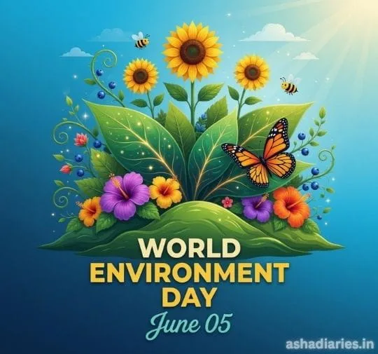 Colorful World Environment Day illustration with flowers, butterflies and green leaves