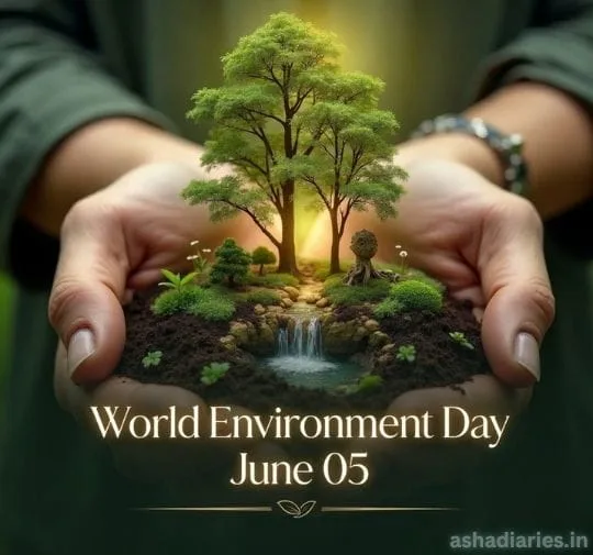 Hands holding miniature forest and waterfall for World Environment Day awareness