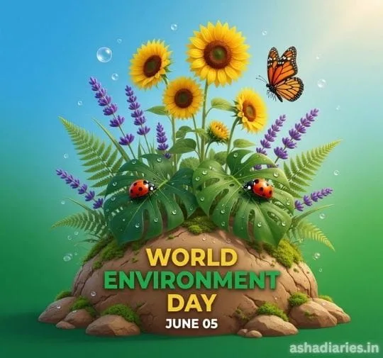 World Environment Day illustration with sunflowers, green leaves, butterfly and nature elements