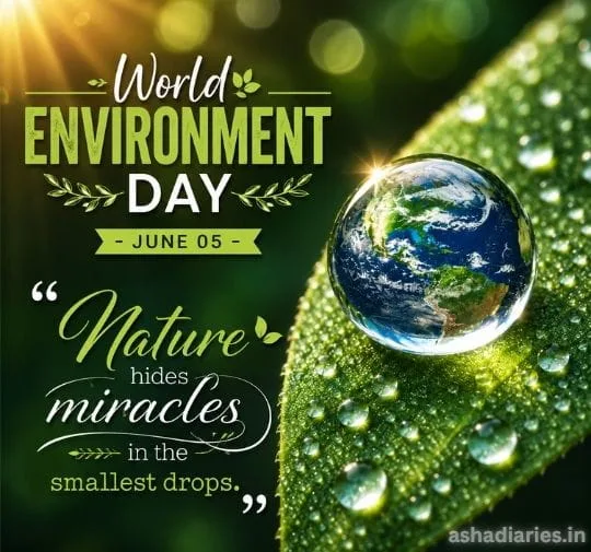 World Environment Day macro leaf image with water droplets and Earth reflection