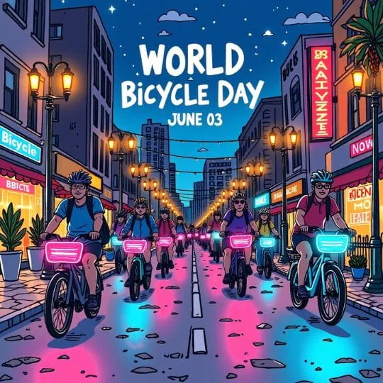 People riding bicycles on illuminated city streets at night celebrating World Bicycle Day