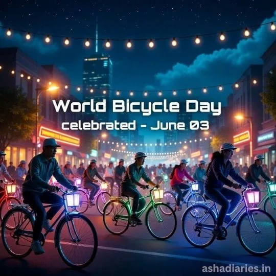 People riding bicycles at night in illuminated city streets celebrating World Bicycle Day