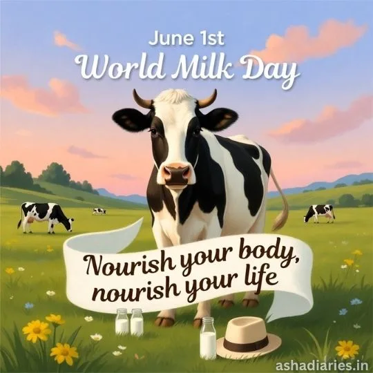 World Milk Day image with dairy cow in green meadow and healthy milk awareness quote