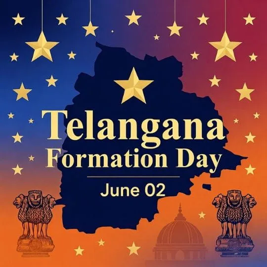 Telangana Formation Day creative poster with Telangana map, stars, national emblem and festive background