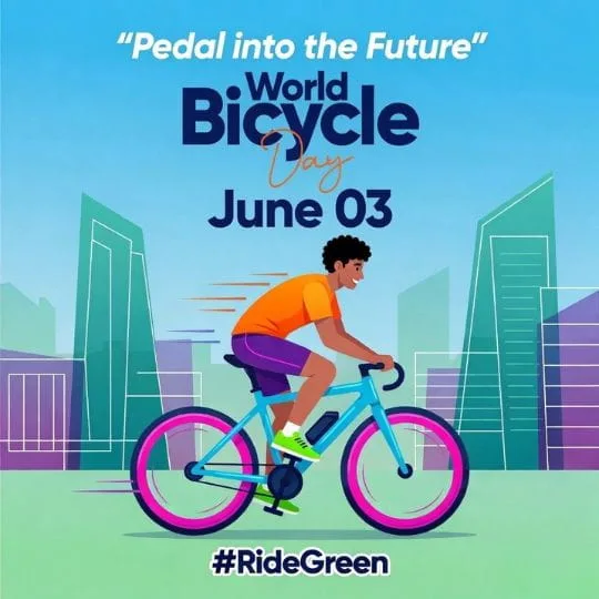 World Bicycle Day illustration with cyclist riding bicycle in modern city promoting green transport and healthy lifestyle