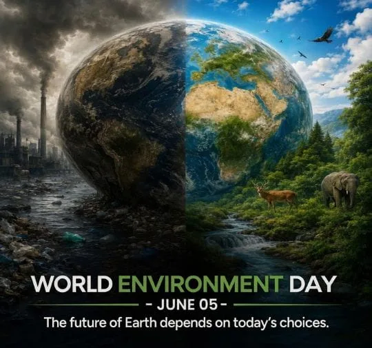 World Environment Day image showing polluted Earth versus green nature and wildlife conservation