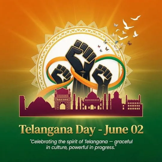 Telangana Day celebration poster with raised fists, tricolor ribbon, and iconic Hyderabad landmarks silhouette