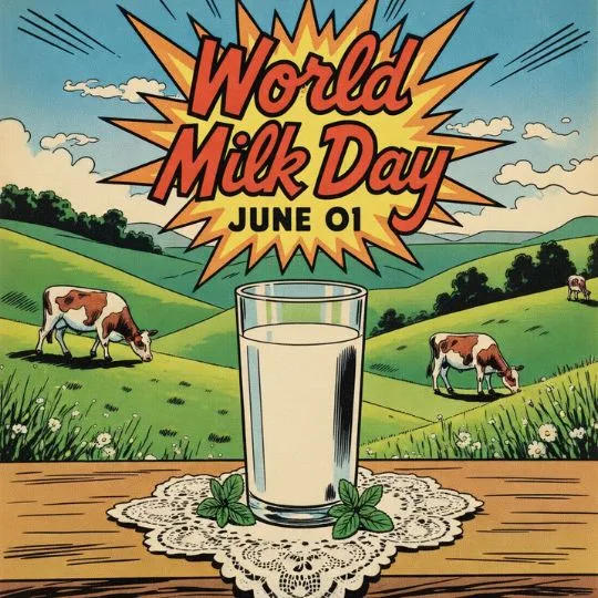 Vintage World Milk Day artwork with milk glass and cows in green countryside