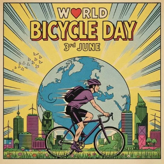 Cyclist riding bicycle in modern city with globe background celebrating World Bicycle Day