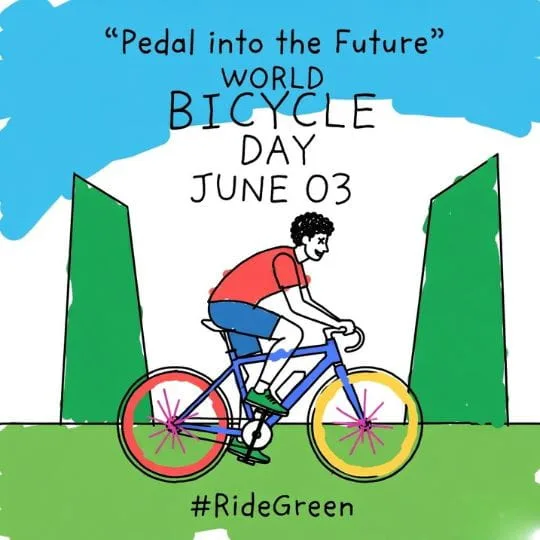 Creative hand drawn cyclist illustration with Ride Green message for World Bicycle Day