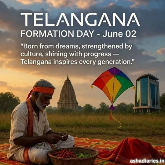 Telangana Formation Day rural culture artwork with traditional villager, kite and heritage landscape