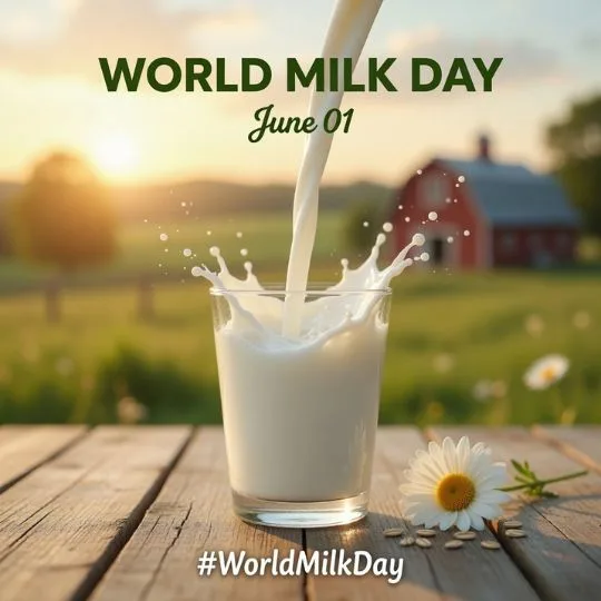 Fresh milk pouring into glass with countryside background for World Milk Day celebration