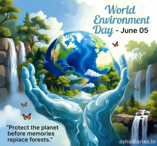 World Environment Day artwork with Earth, waterfalls, forests and protective hands