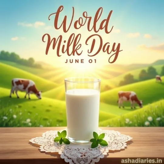 Fresh milk glass with green countryside and grazing cows for World Milk Day celebration