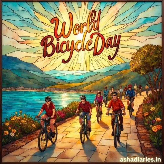 Cyclists riding beside scenic lake and mountains celebrating World Bicycle Day with nature theme