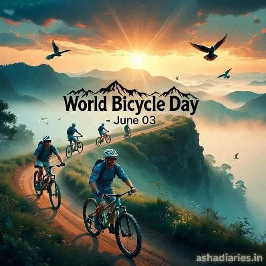 Cyclists riding on scenic mountain trail during sunrise celebrating World Bicycle Day
