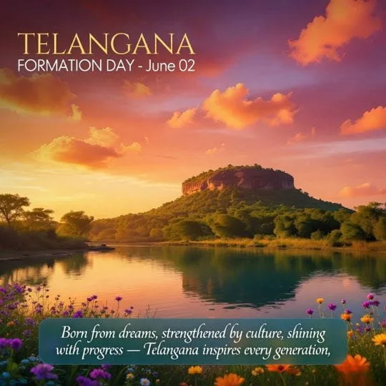 Telangana Formation Day scenic nature artwork with lake, hills, sunset sky and floral landscape