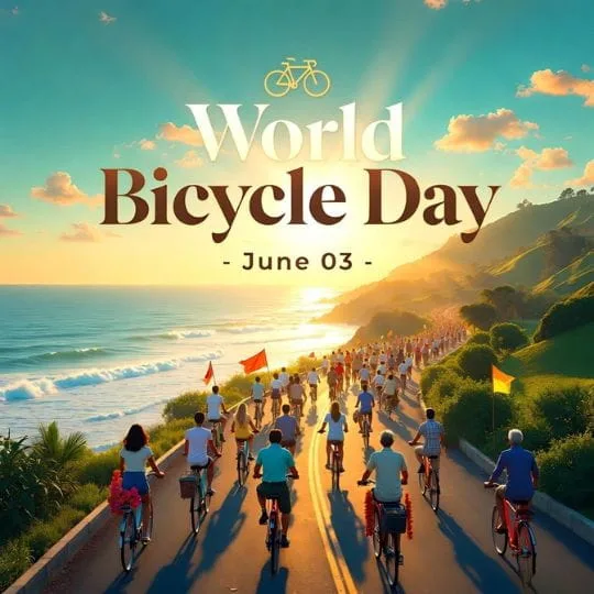 Cyclists riding along beautiful seaside road during sunset celebrating World Bicycle Day