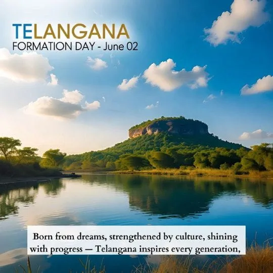 Telangana Formation Day scenic landscape with hill reflection in serene lake under blue sky