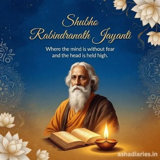 Shubho Rabindranath Jayanti portrait of Rabindranath Tagore with open book, diya, and inspirational quote
