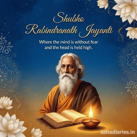 Shubho Rabindranath Jayanti portrait of Rabindranath Tagore with open book, diya, and inspirational quote