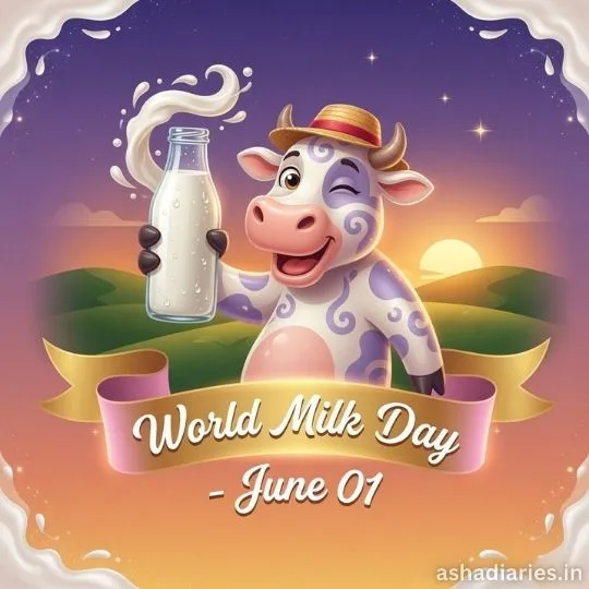 Cute cartoon cow holding milk bottle for World Milk Day celebration illustration