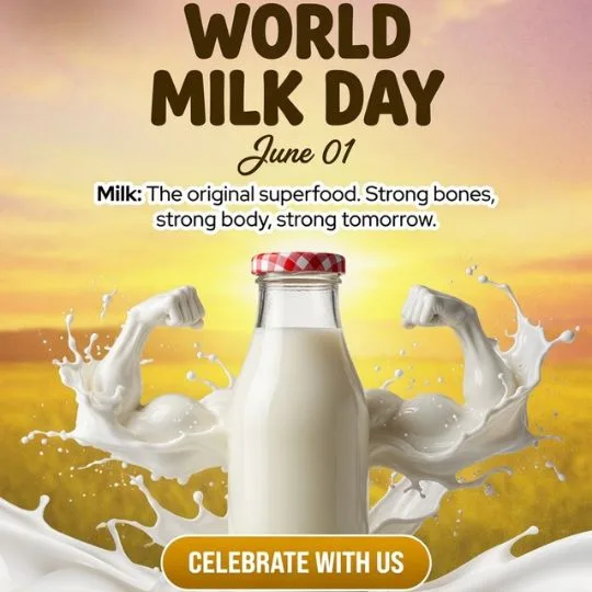 World Milk Day poster with milk bottle and powerful splash symbolizing strength and nutrition