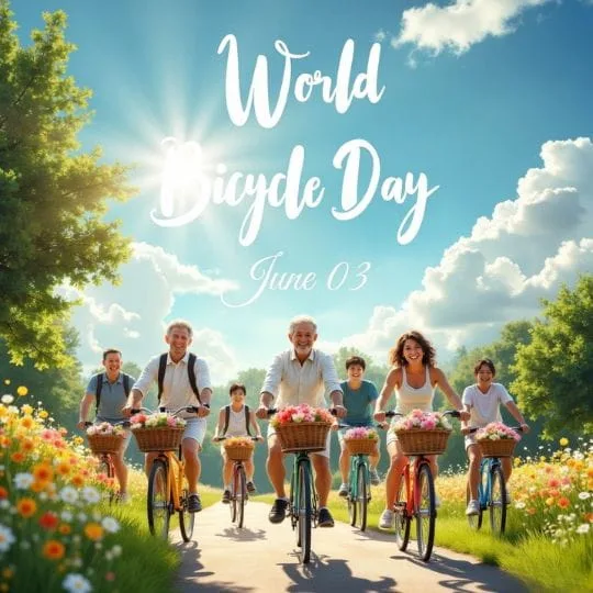Families and friends riding bicycles in sunny flower garden celebrating World Bicycle Day