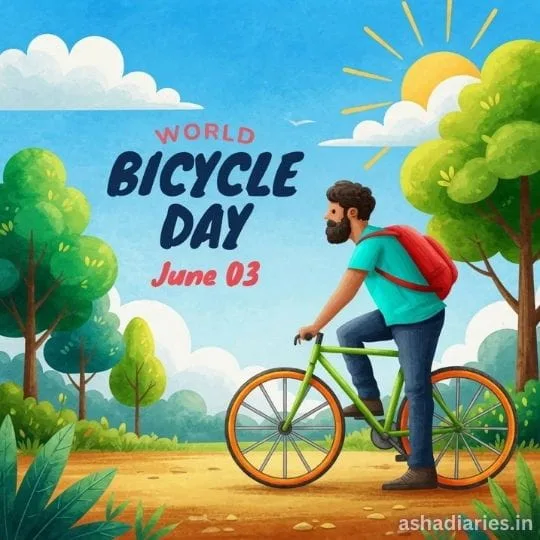 World Bicycle Day nature themed illustration with man riding bicycle on sunny outdoor pathway