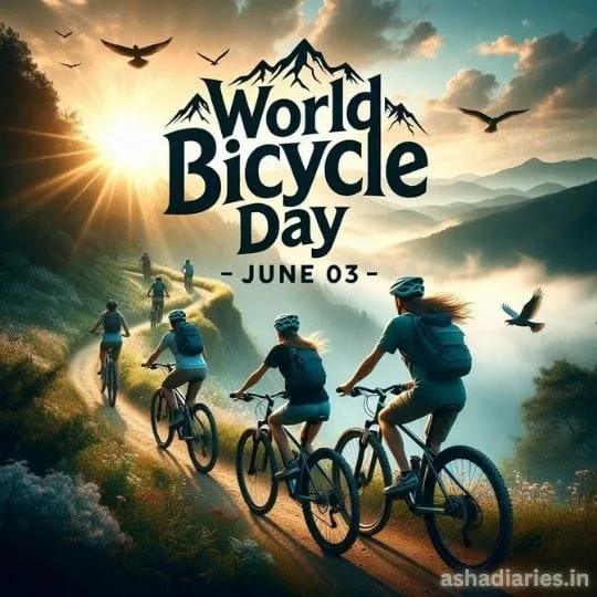 Mountain trail cyclists riding at sunrise celebrating World Bicycle Day with adventure and nature theme