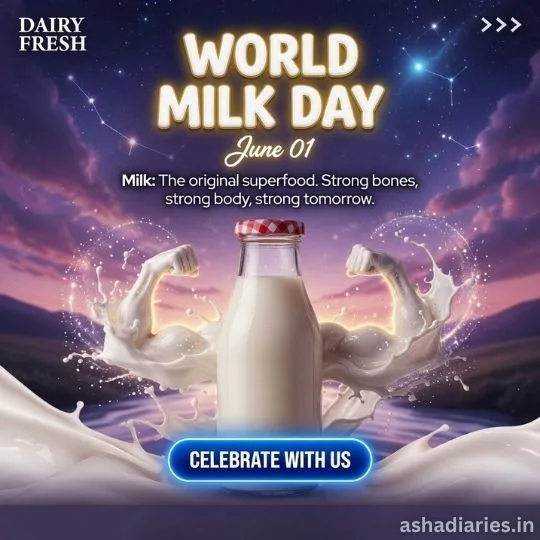 World Milk Day creative poster with milk bottle, splash effects and strong health message