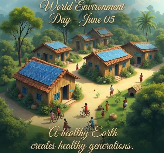 Eco-friendly village with solar powered homes and greenery for World Environment Day celebration