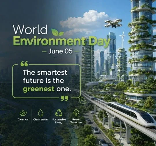 Futuristic green city with sustainable transport and eco-friendly buildings for environmental awareness