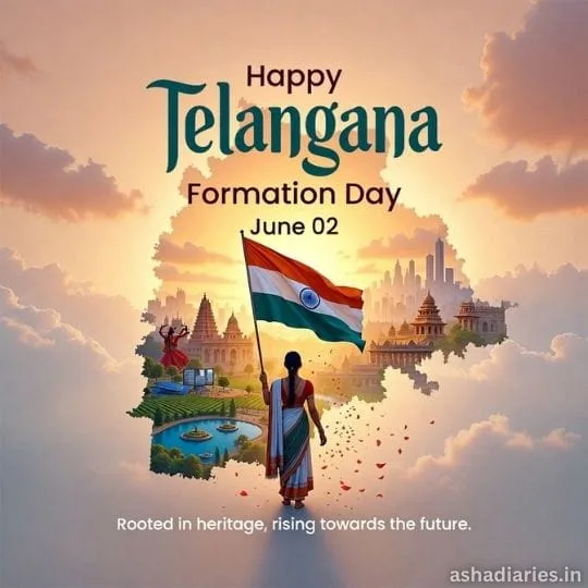 Happy Telangana Formation Day illustration with Indian flag, cultural heritage monuments and inspirational future theme