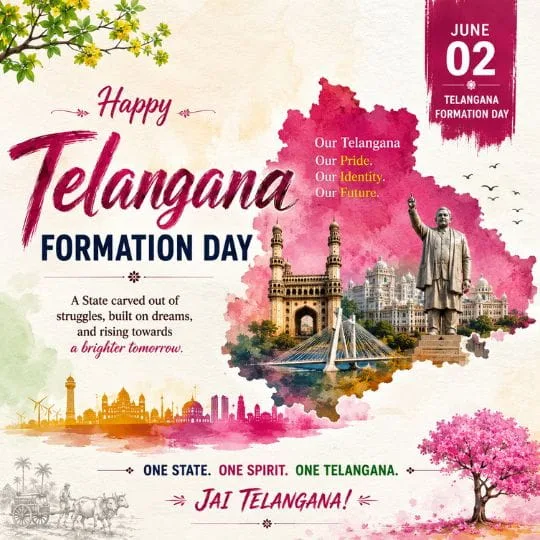 Happy Telangana Formation Day poster with Telangana map, Charminar, statue monument and cultural artwork