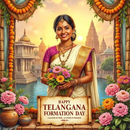 Happy Telangana Formation Day artwork with traditional woman, flowers, heritage architecture and festive decorations