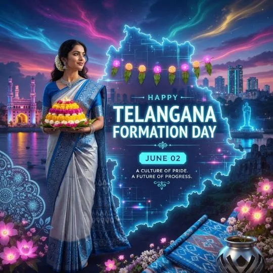 Happy Telangana Formation Day artwork with traditional woman, Bathukamma flowers, Telangana map and modern skyline