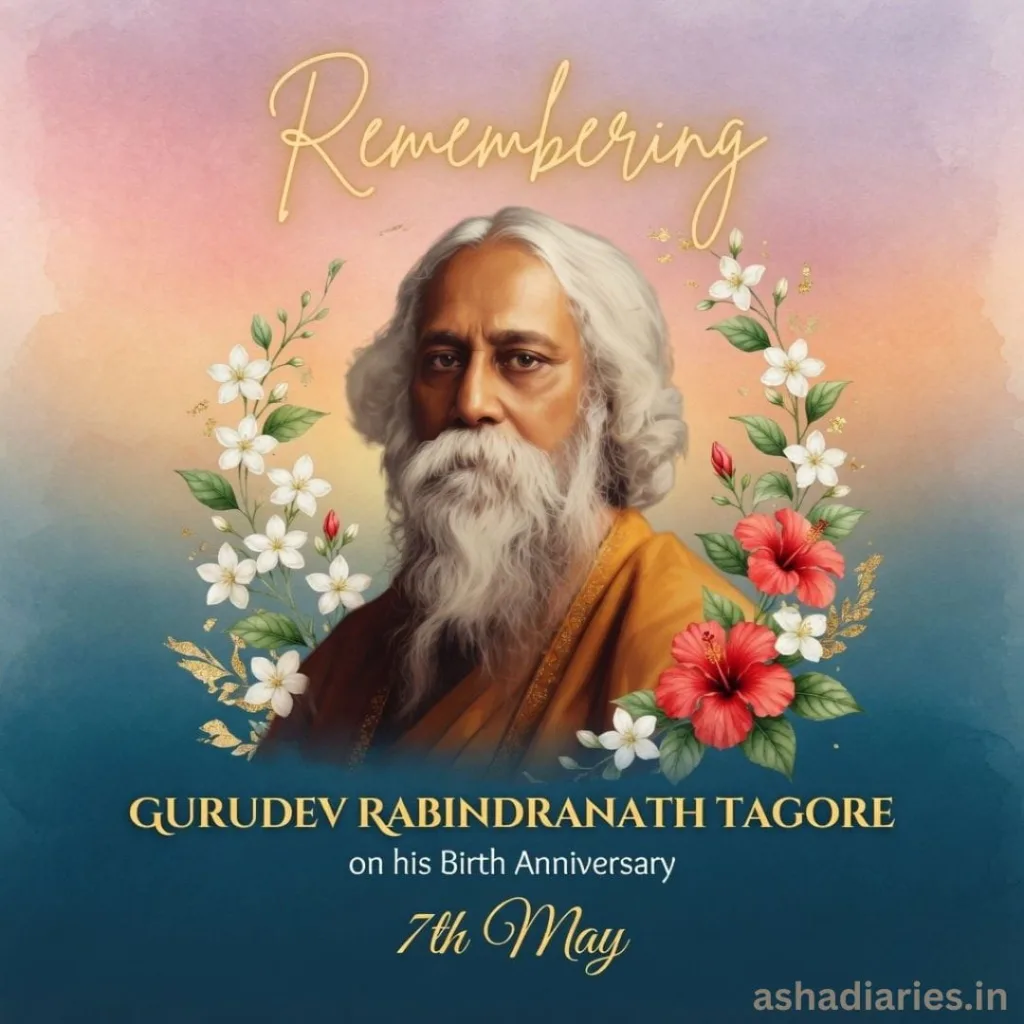 Rabindranath Tagore birth anniversary tribute image with floral design and portrait of Gurudev
