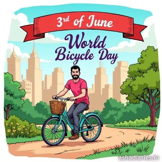 Man riding bicycle in city park illustration celebrating World Bicycle Day on June 03