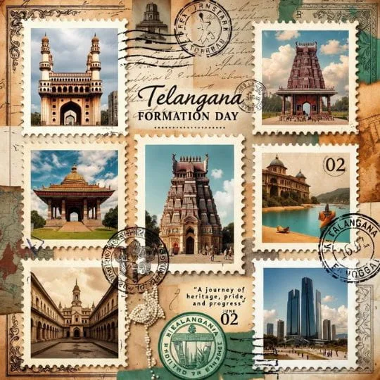 Vintage Telangana Formation Day collage with heritage monuments, temples, architecture and postal stamp design
