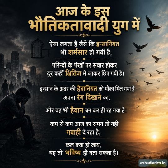 भौतिकतावादी युग में खोती इंसानियत पर हिंदी विचार, मानवता और हैवानियत पर भावनात्मक सुविचार चित्र