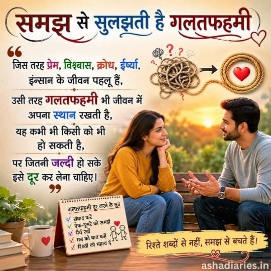 गलतफहमी को समझ, संवाद और विश्वास के माध्यम से दूर करने का संदेश देता प्रेरणादायक हिंदी विचार चित्र, जिसमें एक दंपति आपसी बातचीत करते हुए दिखाई दे रहे हैं।